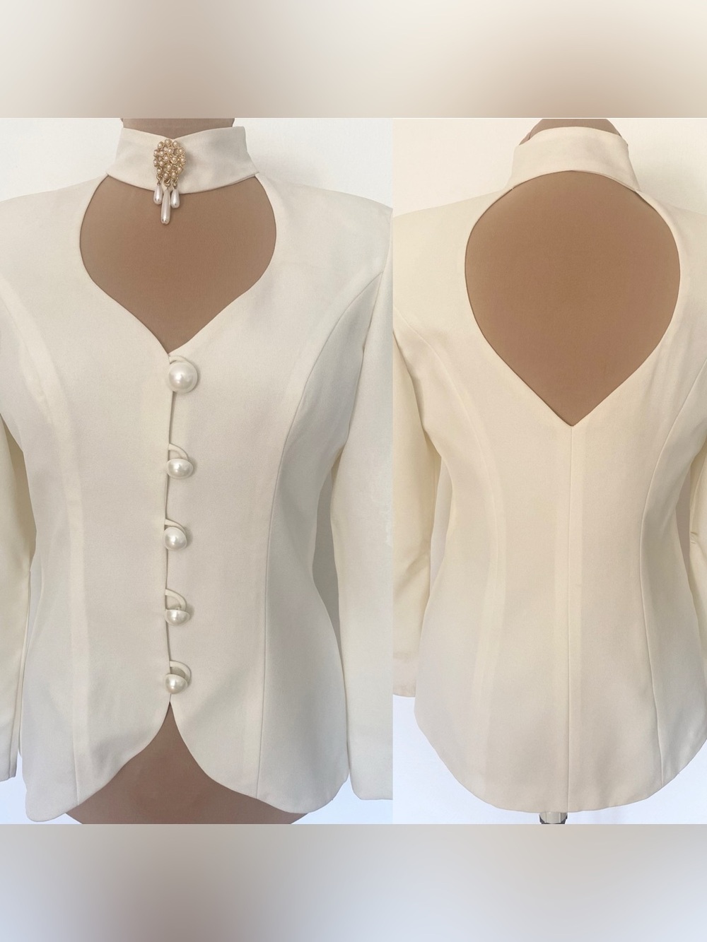 Vintage 90s ALYCE DESIGNS Open Back Wedding Suit *Size 12* Ivory Crepe High Neck